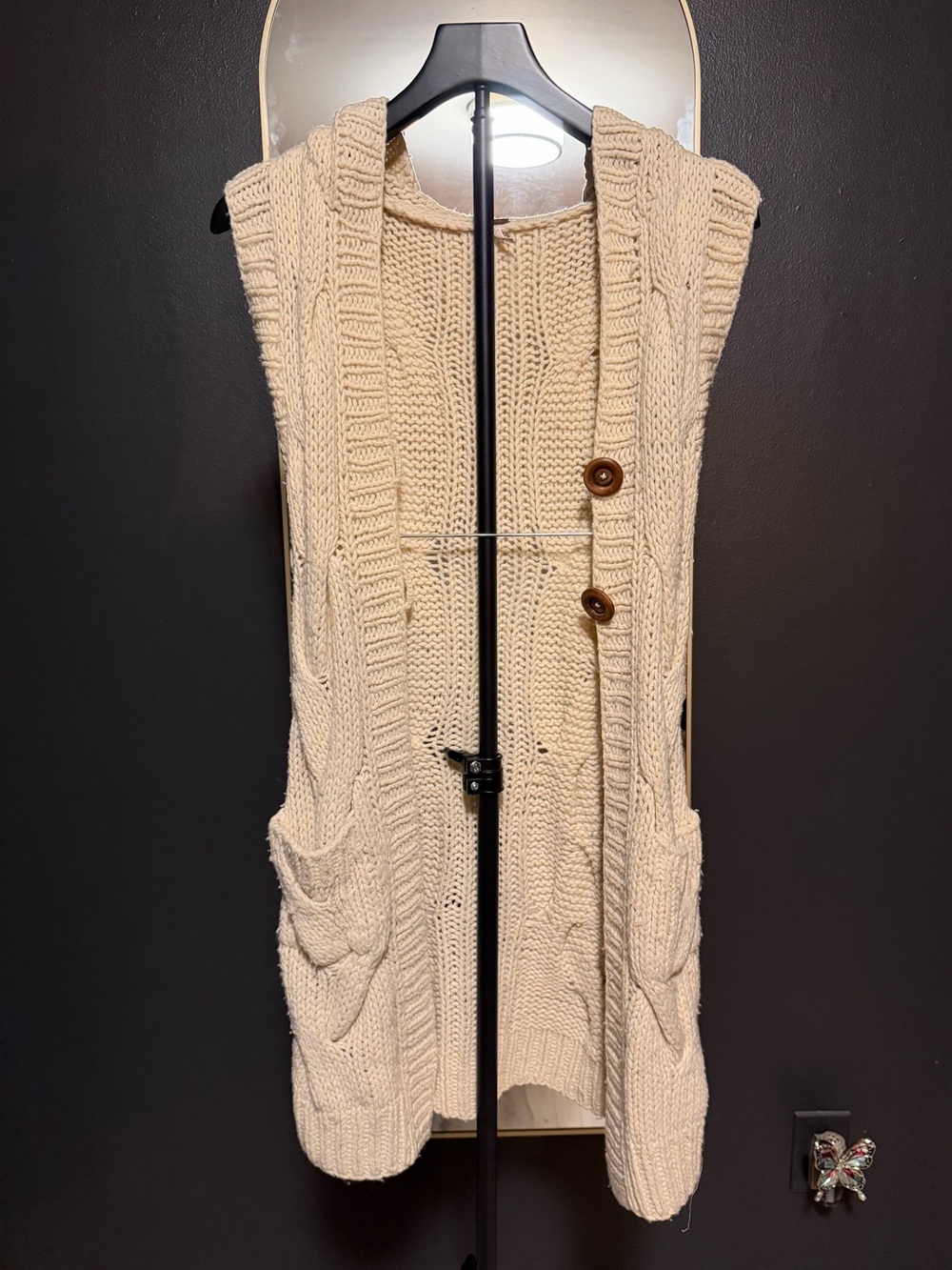 Free People Ivory Cable Knit Hooded Long Sweater Vest Cardigan